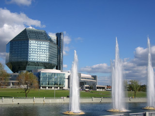 Modern library with fountains