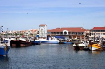 Fototapeta na wymiar Fishing boats in a small harbor with buildings in the background