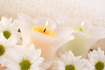 Fototapeta na wymiar candles and daisy flowers - beauty treatment