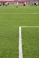Detail of a football field with some players training
