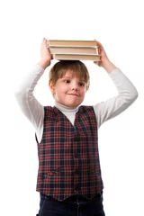 Foto op Plexiglas young pupil with books isolated on white backgroung © Vasiliy Koval
