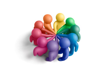 Multicolored plasticine human figures concluding a treaty