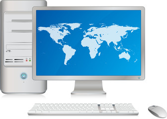 Ordinateur de bureau et planisphère