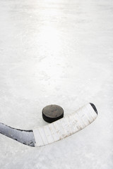 Close up of ice hockey stick on ice rink. - 5374366