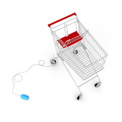 Computer mouse connected to a  shopping cart via cable