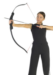 Young, beauty holding bow and taking aim at something