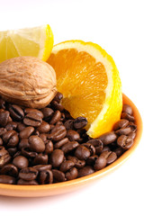 coffee beans, juicy oranges,  nut and lemon