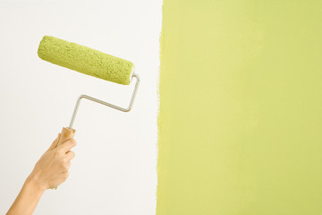 Caucasian female hand holding paint roller next to wall. - 5383724