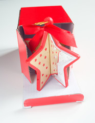 Little star shaped wood decorate silver red bow box cardboard