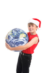 Boy holding globe.  Embracing the love and joy of Christmas 
