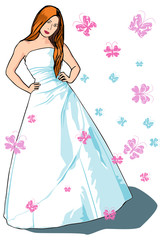Beautiful vector bride with long brown hair in sleeveless dress
