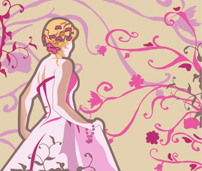 Obraz na płótnie Canvas Bride w różowej sukience ramiona otwarte na wektor beżowym tle