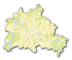 Obraz premium Berlin, mapa z wodą, terenami zielonymi, ulicami, dzielnicami