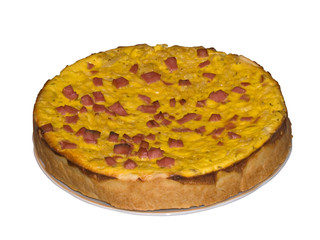 Pie with onions, cheese and meat with clipping path