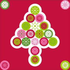 Christmas greeting card cover with green, red, pink snowflakes