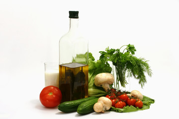 Olive oil,bottle,parsley,tomato,mushroom,cucumber,milk,lettuce