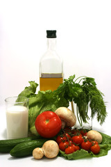 Olive oil,bottle,parsley,tomato,mushroom,cucumber,milk,lettuce