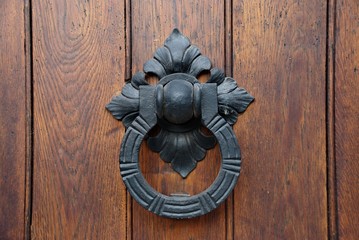 A door knocker on a wooden door (approx. 30cm height)