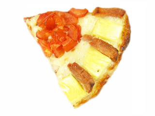 Freshly baked pizza slice with tomato, ham and pineapple