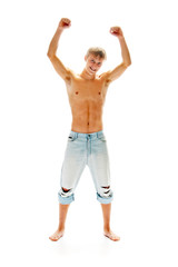 seductive man in jeans isolated on white background