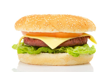 Cheeseburger with  tomato, reflected on white background
