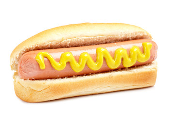 A hot dog and soft shadow on white background. Shallow DOF