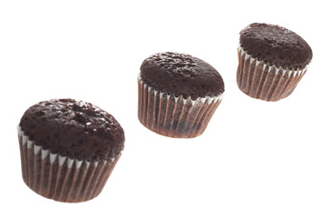 three chocolate muffin on white