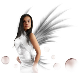 Sexy white angel with the magic bubbles. Isolated on white.