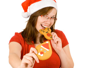 santa girl with red specs and gingerbread cookies