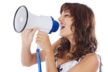 Teenager speaking through a megaphone over white background