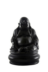 Hand carved black buddha isolated on white.