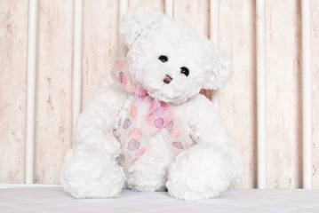 Small, white teddy bear sitting in the center of cot.
