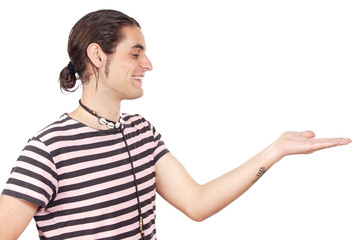 Young man holding nothing over a white background