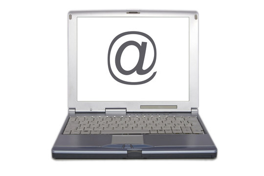 Silver portable computer.Isolated white screen - Front view.