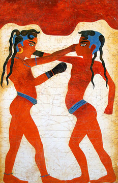 painting of boys boxing from akrotiri on the island of santorini