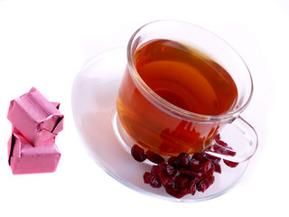 hot tea with chocolate on the white background