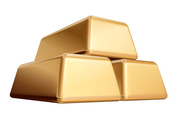 three 3d golden bullions isolated, ingot, bar.