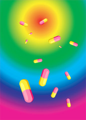 Medicine capsules on a psychedelic background.