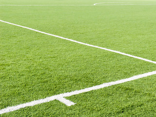 Field for game in football with a green grass and white lines