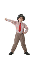 The boy in a cowboy's hat and a red tie