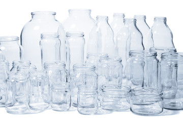 Empty glass jars and bottles
