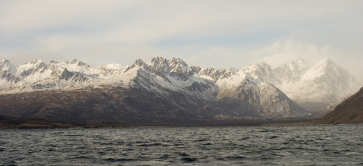 shoreline in Alaska with the choppy waters of the Pacific Ocean in the foreground and white mountain peaks behind