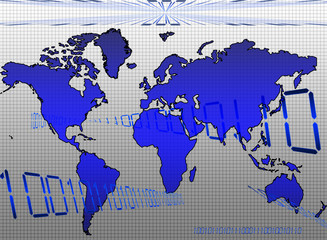 Conceptual illustration of a world map and binary code streams
