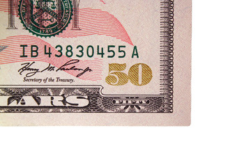 Corner of a US fifty dollar bill