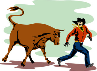 Rodeo cowboy being chased by an angry bull