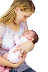 Young mother with long blond hair holding her baby isolated