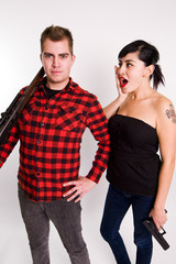 Hunter in flannel with woman