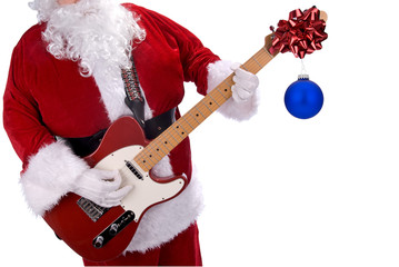 Santa Claus playing a red electric guitar