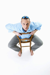 young man with blue eyes on white background