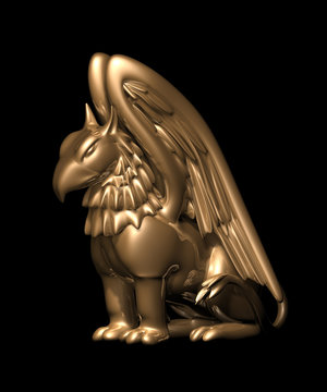 3d Statue Griffin From Gold, On A Black Background